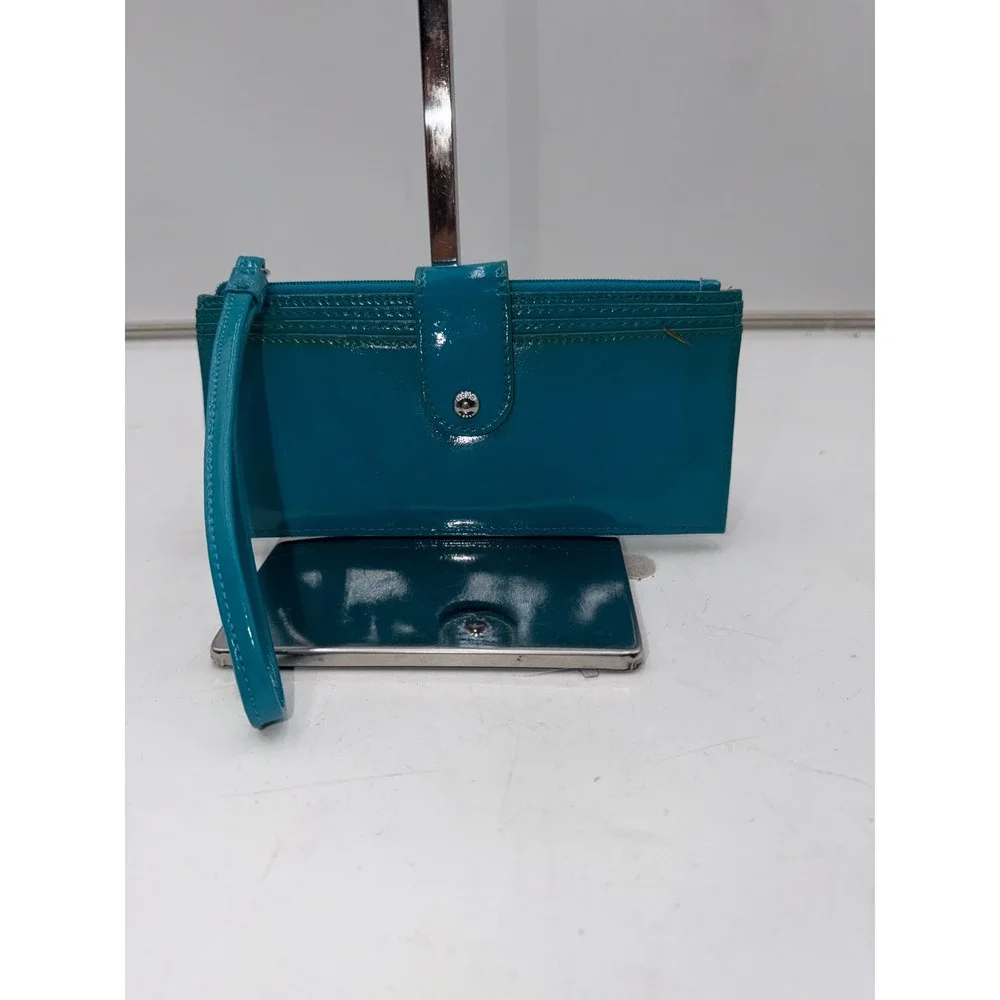 Hobo The Original Teal Patent Leather Wristlet Clutch Wallet Orange Lining